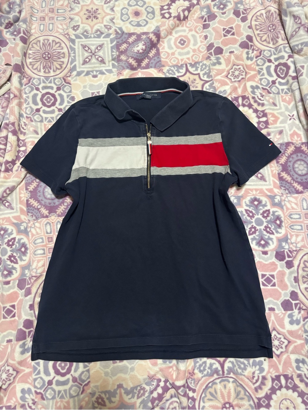 Tommy Hilfiger Navy Polo Tee with Red and Gray Stripe